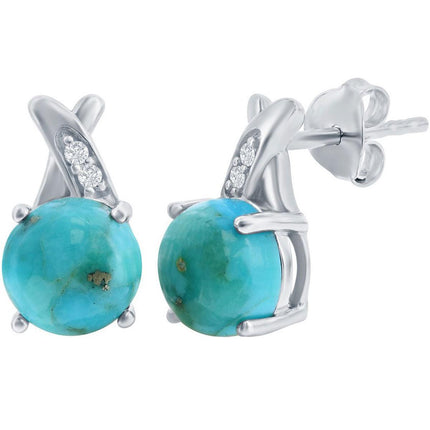 Classic Women's Earrings - Sterling Silver Round Turquoise with White Topaz | D-8117 ,
