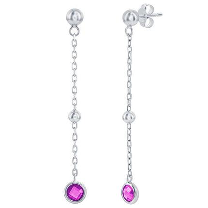 Classic Women's Earrings - Sterling Silver Ruby Bezel-Set CZ and Bead Chain | D-8377 ,