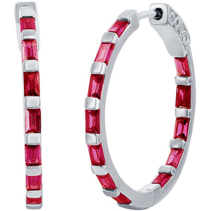 Classic Women's Earrings - Sterling Silver Ruby CZ Baguette CZ 25mm Hoop | D-8201 ,