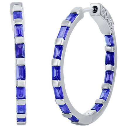 Classic Women's Earrings - Sterling Silver Sapphire CZ Baguette 25mm Hoop | D-8200 ,