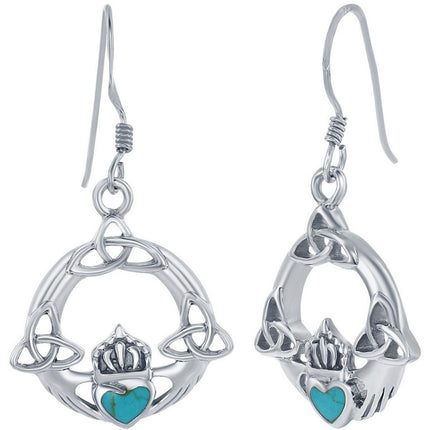 Classic Women's Earrings - Sterling Silver Turquoise Heart Celtic Claddagh | D-8092 ,