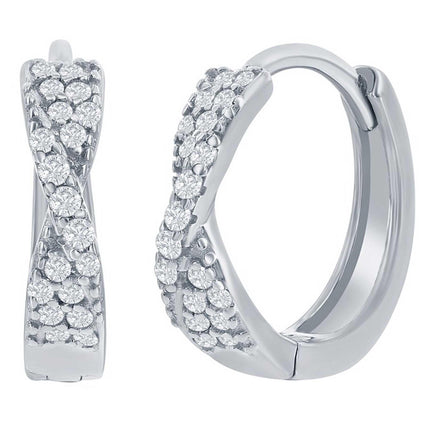 Classic Women's Earrings - Sterling Silver Twisted CZ 14mm Huggie Hoop | D-8325 ,