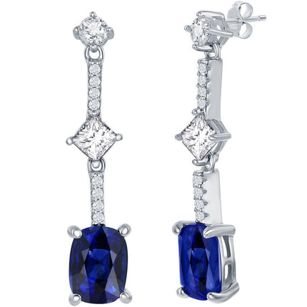 Classic Women's Earrings - Sterling Silver White and Cushion Cut Sapphire CZ | D-7841 ,
