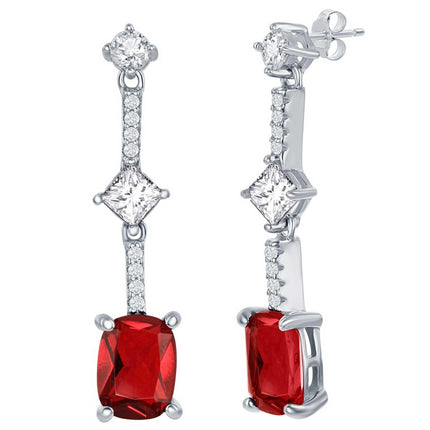 Classic Women's Earrings - Sterling Silver White and Ruby Cushion-Cut CZ | D-7840 ,