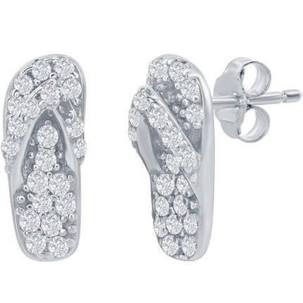 Classic Women's Earrings - Sterling Silver White CZ Flip Flop Stud Post Back | D-7986 ,