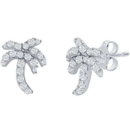 Classic Women's Earrings - Sterling Silver White CZ Palm Tree Stud Post Back | D-7987 ,