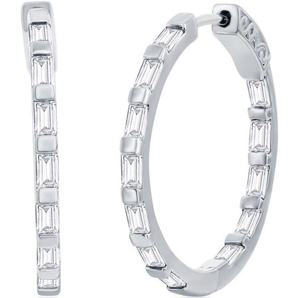 Classic Women's Earrings - Sterling Silver White CZ Stone Baguette 25mm Hoop | D-8199 ,