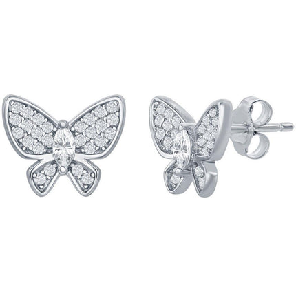 Classic Women's Earrings - Sterling Silver White CZ Stone Butterfly Stud | D-7536 ,
