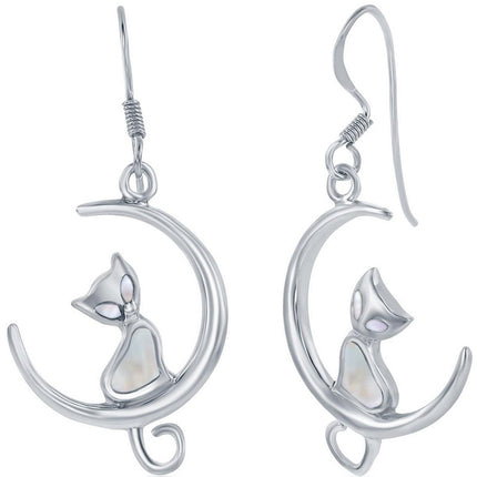 Classic Women's Earrings - Sterling Silver White Mother of Pearl Cat on Moon | D-8030 ,