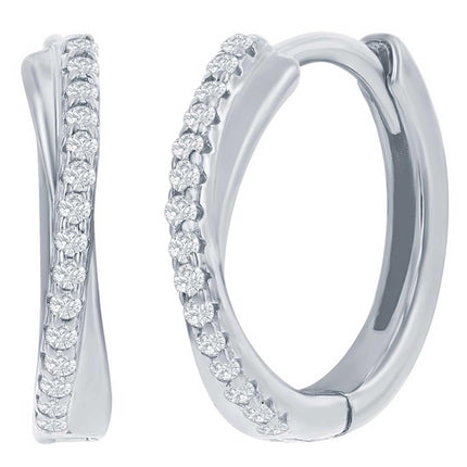 Classic Women's Earrings - Sterling Silver 'X' Design CZ 15mm Huggie Hoop | D-8324 ,