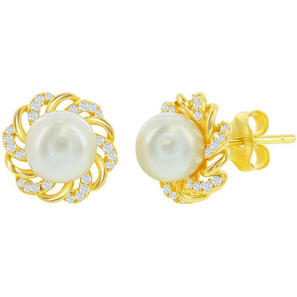 Classic Women's Earrings - White CZ Flower Design with 7mm Round FWP Stud | D-8212 ,