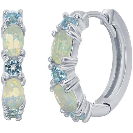 Classic Women's Earrings - White Opal and London Blue Topaz Stone 18mm Hoop | D-8195 ,