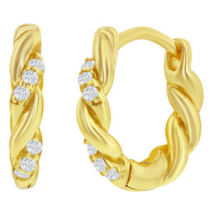 Classic Women's Earrings - YG Plated SS Intertwined CZ 13mm Huggie Hoop | D-8323-GP ,
