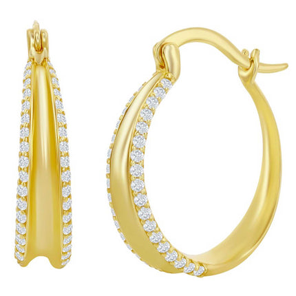 Classic Women's Earrings - YG Plated Sterling Silver Double Row CZ Hoop | D-7849-GP ,