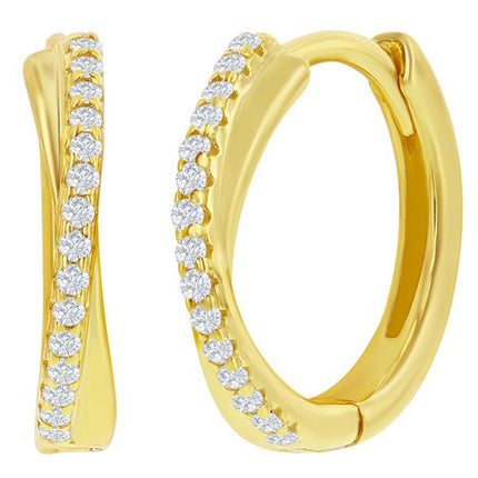 Classic Women's Earrings - YG Plated Sterling 'X' Design CZ 15mm Hoop | D-8324-GP ,