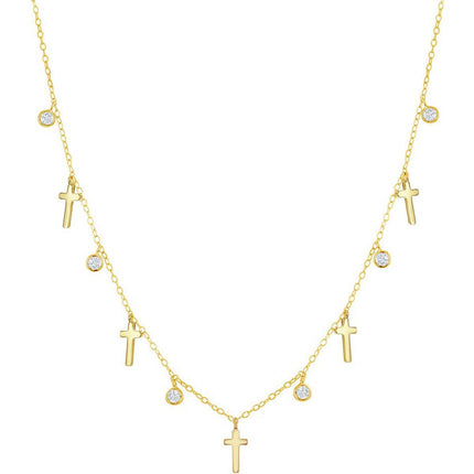 Classic Women's Necklace - Alternating GP Cross and Bezel-Set CZ | M-6802-GP ,