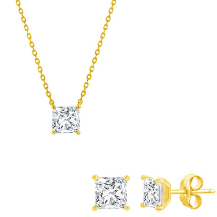 Classic Women's Necklace and Earrings Set - Gold Plated Princess Cut CZ | SET-611 ,