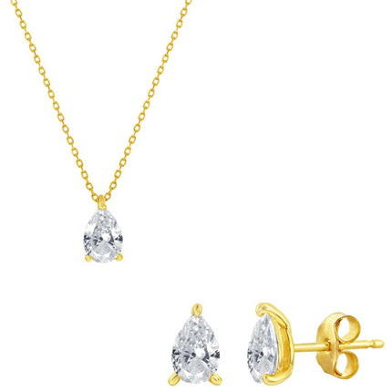 Classic Women's Necklace and Earrings Set - Gold Solitaire Pearshape CZ | SET-614 ,