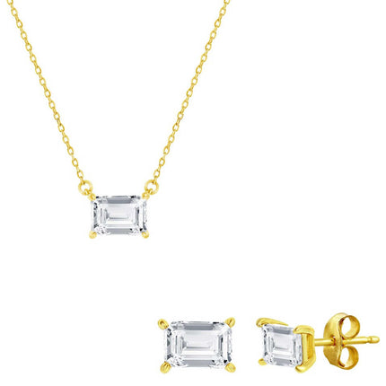 Classic Women's Necklace and Earrings Set - Gold Solitaire Rectangle CZ | SET-609 ,