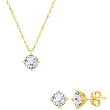 Classic Women's Necklace and Earrings Set - Gold Solitaire Round White CZ | SET-620 ,