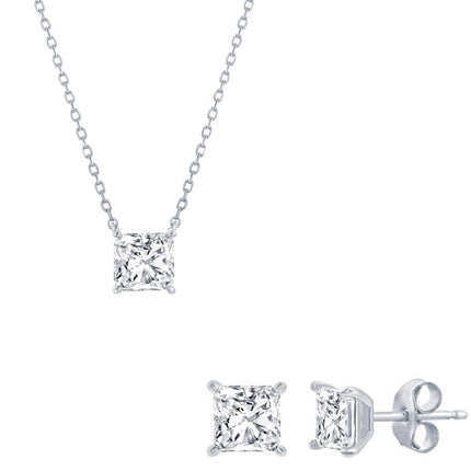 Classic Women's Necklace and Earrings Set - Silver Plated Princess Cut CZ | SET-612 ,