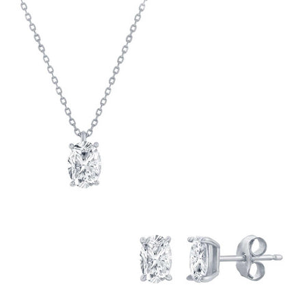 Classic Women's Necklace and Earrings Set - Silver Solitaire Oval White CZ | SET-618 ,