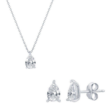 Classic Women's Necklace and Earrings Set - Silver Solitaire Pearshape CZ | SET-613 ,