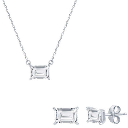 Classic Women's Necklace and Earrings Set - Silver Solitaire Rectangle CZ | SET-610 ,