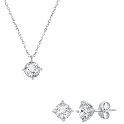 Classic Women's Necklace and Earrings Set - Silver Solitaire Round White CZ | SET-619 ,
