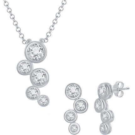Classic Women's Necklace and Earrings Set - White CZ Stone Bubble Silver | HS-4092 ,