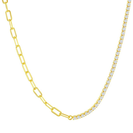 Classic Women's Necklace - Gold Plated Half 3mm Paperclip and 2mm Tennis | M-7117-GP ,