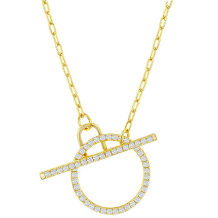 Classic Women's Necklace - Gold Plated Paperclip White CZ Circle Toggle | M-6978-GP ,
