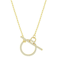 Classic Women's Necklace - Gold Plated Paperclip White CZ Circle Toggle | M-6978-GP ,