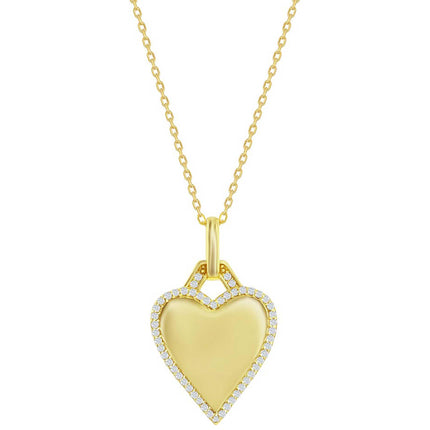 Classic Women's Necklace - Gold Plated Polished Heart White CZ Border | M-7043-GP ,