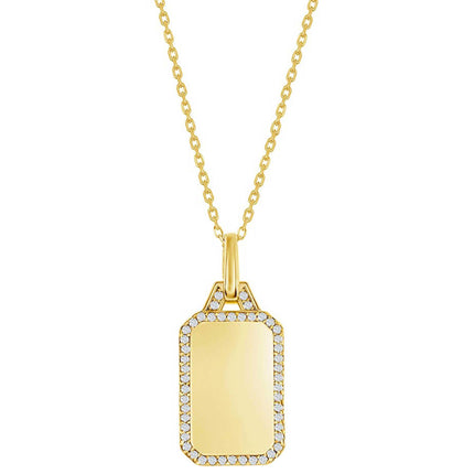 Classic Women's Necklace - Gold Plated Rectangle Dog Tag with CZ Border | M-7037-GP ,