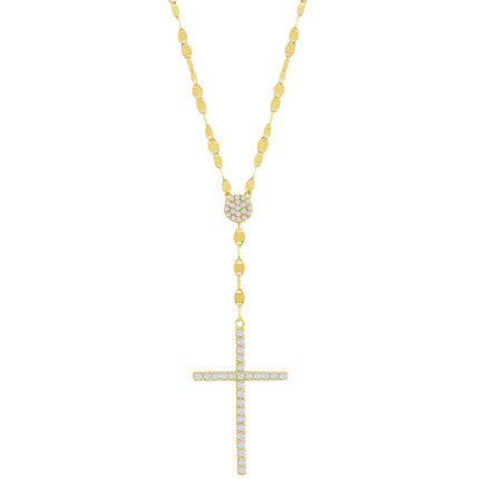 Classic Women's Necklace - Gold Plated White CZ Stone Cross Mirror Chain | M-6997-GP ,