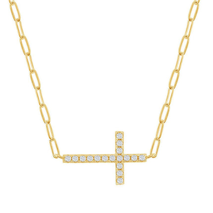Classic Women's Necklace - GP Sterling Silver CZ Sideways Cross Paperclip | M-6977-GP ,