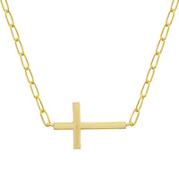 Classic Women's Necklace - GP Sterling Silver CZ Sideways Cross Paperclip | M-6977-GP ,