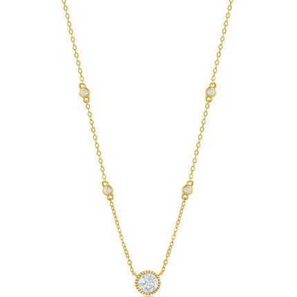 Classic Women's Necklace - GP Sterling Silver Round CZ Station | M-6886-GP ,