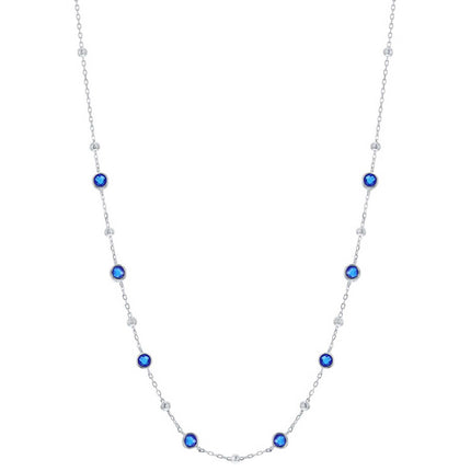 Classic Women's Necklace - Silver Bezel Set Sapphire CZ and Bead Station | M-7075-16 ,
