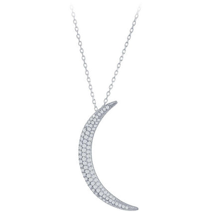 Classic Women's Necklace - SS 16+2" Large Cubic Zirconia Crescent Moon | M-5115 ,