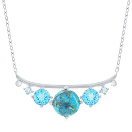 Classic Women's Necklace - Sterling Graduating Round Turquoise and Blue CZ | M-6848 ,