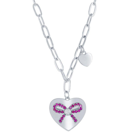 Classic Women's Necklace - Sterling Heart with Ruby CZ Ribbon Paperclip | M-6782 ,