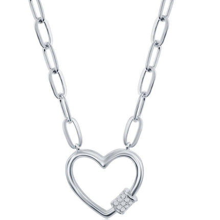 Classic Women's Necklace - Sterling Micro Pave CZ Heart Carabiner Paperclip | M-6778 ,