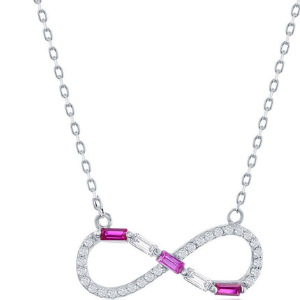 Classic Women's Necklace - Sterling Round and Ruby Baguette CZ Infinity | M-6951 ,