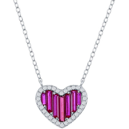 Classic Women's Necklace - Sterling Ruby Round and White Baguette CZ Heart | M-6780 ,