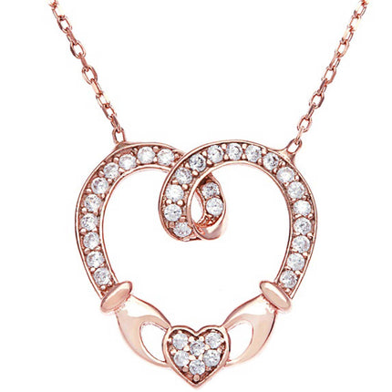 Classic Women's Necklace - Sterling Silver 16+2 Rose GP CZ Claddagh Heart | M-4647 ,