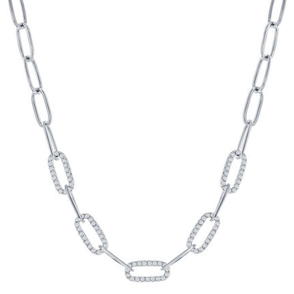 Classic Women's Necklace - Sterling Silver 5mm White CZ Paperclip Design | M-7000 ,