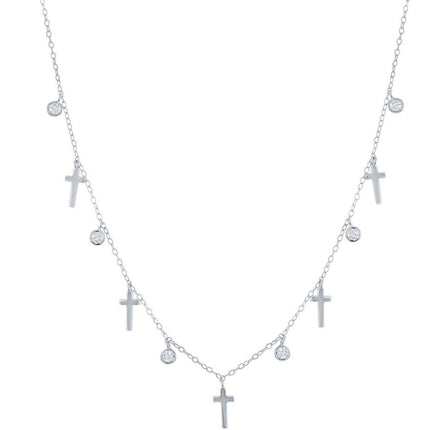 Classic Women's Necklace - Sterling Silver Alternating Cross and Bezel-Set CZ | M-6802 ,