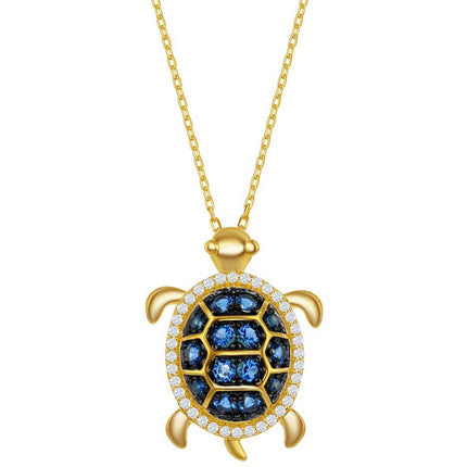 Classic Women's Necklace - Sterling Silver Blue Spinel and White CZ Turtle | M-6589 ,